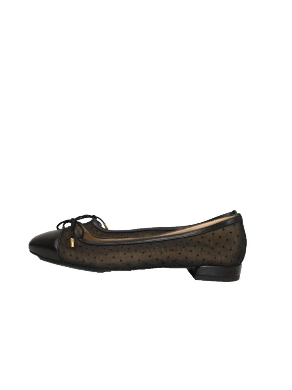 $480 STUART WEITZMAN Pin Dot Leather & Mesh Bow Flats BALLET BLACK 7 (PD17)